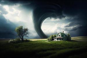 Twisting tornado over road destroying civil building. Hurricane storm in countryside landscape. Natural Disaster waterspout in field illustration. AI photo