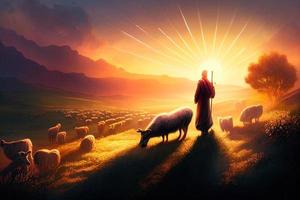 Biblical illustration of Jesus as a shepherd.  AI photo