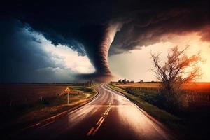 Twisting tornado or storm from sea hurricane in ocean. Realistic tropical natural disaster or cataclysm, catastrophe and crisis Background. Gale Whirlwind Landscape. Weather banner, poster or card AI photo