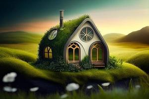 Hobbit house in the forest illustration. AI photo