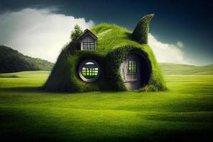 Hobbit house in the forest illustration. AI photo