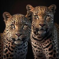 dos leopardos Híper realista foto realista 8k imagen en negro antecedentes generativo ai