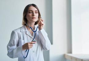 Housing construction medical gown woman Doctor stethoscope medicine laboratory interior window photo