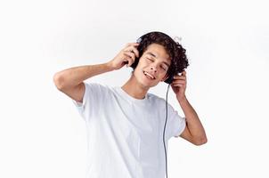 funny man curly hair headphones music technology photo