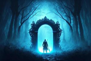 Guardian warrior in front of the mystical stone portal in the forest, lights. AI photo