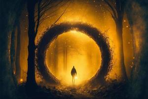 Guardian warrior in front of the mystical stone portal in the forest, lights. AI photo