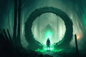 Guardian warrior in front of the mystical stone portal in the forest, lights. AI photo