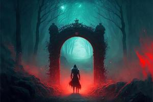 Guardian warrior in front of the mystical stone portal in the forest, lights. AI photo