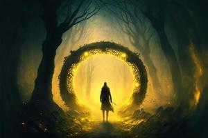 Guardian warrior in front of the mystical stone portal in the forest, lights. AI photo