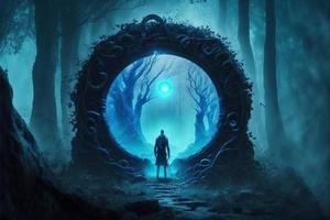 Guardian warrior in front of the mystical stone portal in the forest, lights. AI photo