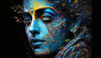 krishna psychedelic 8k hd close up face on black background photo