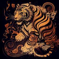 tiger chinese style art on black background photo
