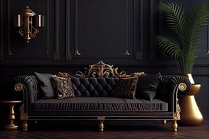 black gold designer sofa in black wall home photo