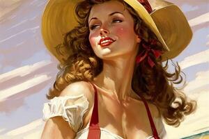 woman wearing cap on the beach gil elvgren style photo