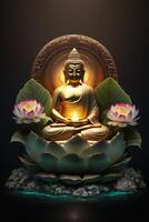 buddha in buddhism sits on a cloud surrounded by leaves photo