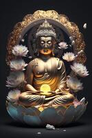 buddha in buddhism sits on a cloud surrounded by white lotus photo