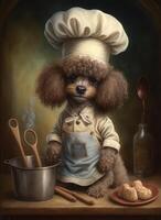 un linda pequeño marrón caniche cocinero perro generativo ai foto