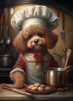 A little brown poodle chef dog in the kitchen photo