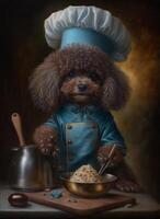 A cute little brown poodle chef dog making dessert photo