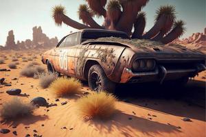 Rusty and deteriorated custom car in the desert, cacti and monyanha in the background. Digital illustration. AI photo