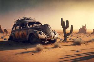 Rusty and deteriorated custom car in the desert, cacti and monyanha in the background. Digital illustration. AI photo