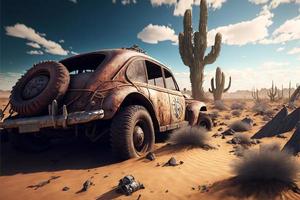 Rusty and deteriorated custom car in the desert, cacti and monyanha in the background. Digital illustration. AI photo