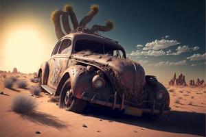 Rusty and deteriorated custom car in the desert, cacti and monyanha in the background. Digital illustration. AI photo