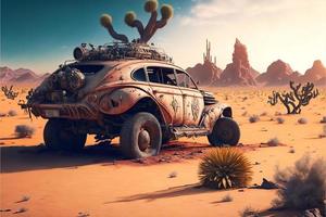 Rusty and deteriorated custom car in the desert, cacti and monyanha in the background. Digital illustration. AI photo