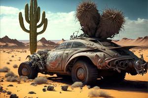 Rusty and deteriorated custom car in the desert, cacti and monyanha in the background. Digital illustration. AI photo