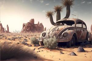 Rusty and deteriorated custom car in the desert, cacti and monyanha in the background. Digital illustration. AI photo
