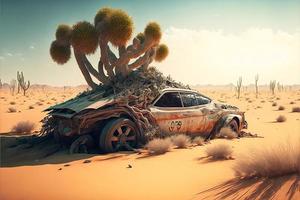 Rusty and deteriorated custom car in the desert, cacti and monyanha in the background. Digital illustration. AI photo