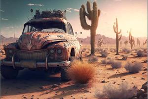 Rusty and deteriorated custom car in the desert, cacti and monyanha in the background. Digital illustration. AI photo