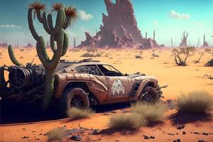 Rusty and deteriorated custom car in the desert, cacti and monyanha in the background. Digital illustration. AI photo