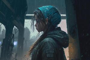 a girl sheltering from the rain under scrap metal illustration photo