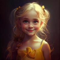 un 3-d niña disney pixar estilo amarillo ojos y un amarillo vestir generativo ai foto