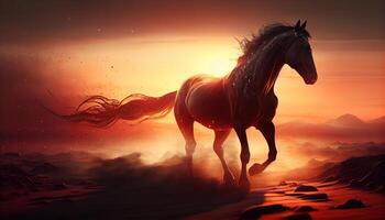 A horse running in the ground at sunset image photo