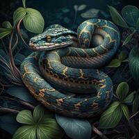 A dangerous green snake in the jungle image photo