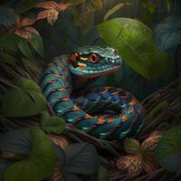 A poisonous green snake in the jungle image photo