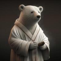 an anthropomorphic bear in a white robe suit photo