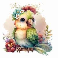 cute colorful baby parrot with flowers on white background generative AI photo