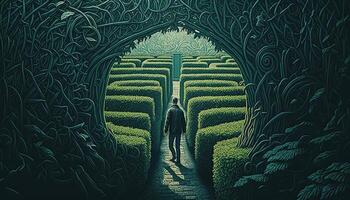 A man stands in front of the entrance to a maze photo