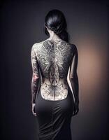 A tattooed womans sculpted full body from behind image photo