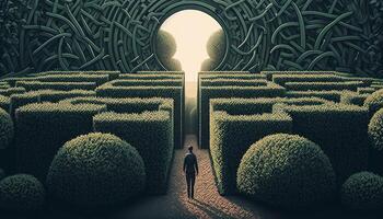 A man stands in front of the entrance to a maze photo