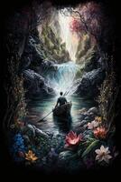 A man in a boat approaching a waterfall flanked photo