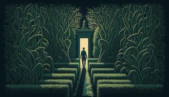 A man stands in front of the entrance to a maze photo