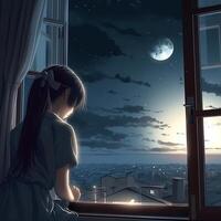 Anime girl watching moonlit night through window at night generative AI photo