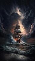 A ship trapped into the thunder in the sea realistic image photo