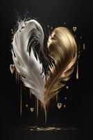 Beautiful feathers white and light gold tears fall on black background photo