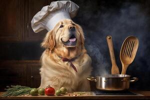 Golden Retriever Classically Trained Chef in the kitchen photo