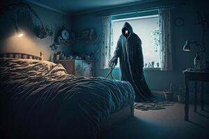 Grim Reaper floating in a bedroom next to a bed photo